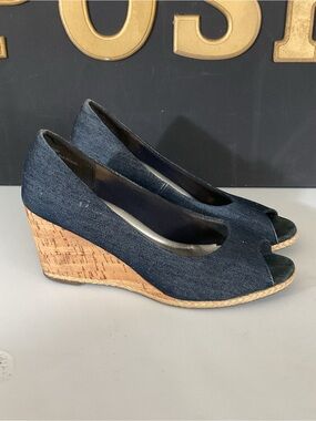 Wedge Peep-Toe Pumps in Dark Blue Denim - Women's